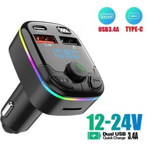 블루투스 5.0 차량용 FM 송신기 PD C타입 듀얼 USB 앰비언트 플레이어, MP3 고속 충전기, 무선 라이트 핸즈프리 PD