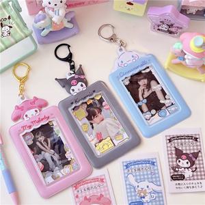 Kawaii Sanrio 헬로 키티 카드 홀더 키 체인 귀여운 Cinnamoroll Kuromi 멜로디 Kpop 사진 카드 케이스 열쇠 고리 가방 펜던트 소녀 선물