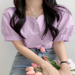 세련된 여름 부드러운 브리즈 스퀘어 칼라 오픈 카디건 반팔 루즈 슬리밍 다목적 보라색 여성 셔츠 한국 스타일