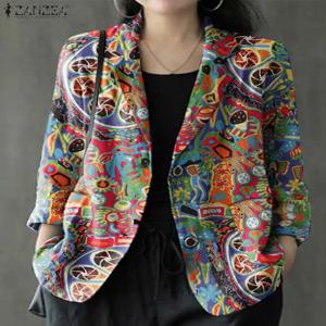 패션 가을 코트 ZANZEA 여성 캐주얼 긴 소매 인쇄 Outwears 얇은 블레이저 봄 여름 코튼 셔츠 우아한 작업 블라우스
