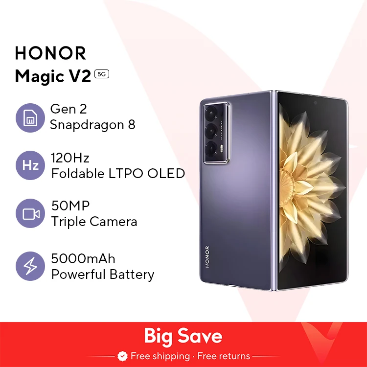 Honor Magic V2 글로벌 버전 접이식 LTPO OLED 120Hz 디스플레이, 7.92 인치 50MP 후면 카메라, 스냅드래곤 8 + 2 세대 5000mAh 66W NFC, 5G