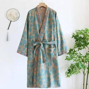 여성용 순면 가운, 3/4 소매 용수철 가을 목욕 가운, 여성 프린트 모닝 가운, 느슨한 홈웨어 수면 드레싱 가운
