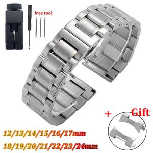 곡선 끝 범용 스트랩 12/13/14/15/16/17/18/19/20/21/22/23/24mm Tissot Butterfly Clasp 용 솔리드 스테인레스 스틸 시계 밴드