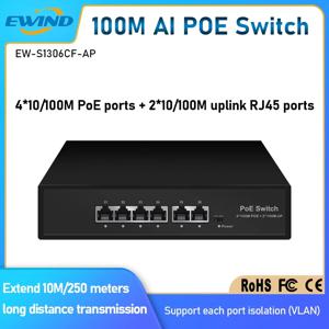 EWIND POE 스위치 6 포트 10/100Mbps AI 스마트 이더넷 스위치(2개의 업링크 RJ45 포트 포함) IP 카메라/무선 AP용 AI 스마트 스위치