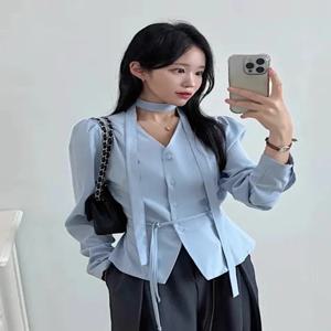 세련된 v 넥 긴 소매 셔츠 여성 벨트 허리 매달려 목 리본 한국 스타일 통근 느슨한 맞는 봄 패션