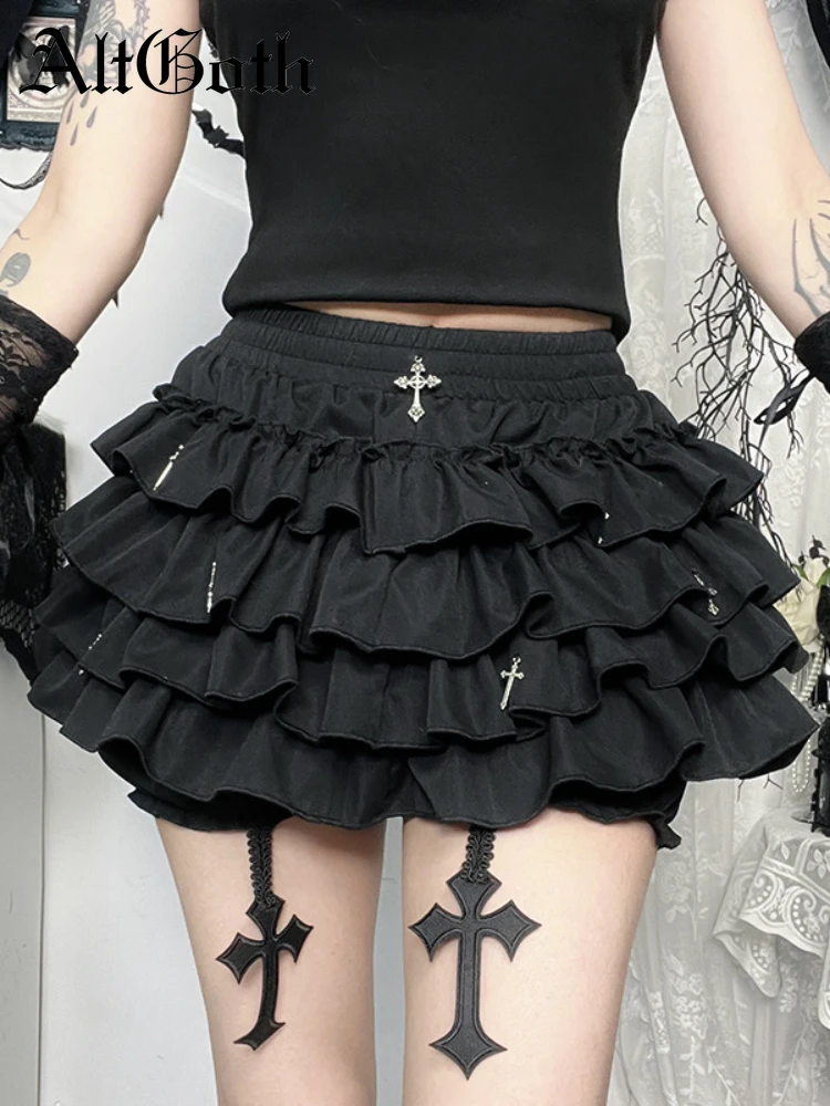 AltGoth Mall 여성용 고스 케이크 반바지, 핫스위트 Y2k E-girl 하라주쿠 크로스 펜던트 퀼로트, 미적 페어리코어 귀여운 카와이 반바지