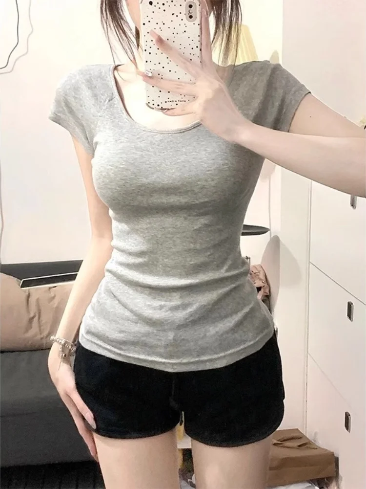 슬림핏 티셔츠 여성용 여름 U넥 슬림핏 여성용 세련된 슬림핏 정어깨 반팔 여름 세련된 티셔츠 셔츠 상의 티셔츠