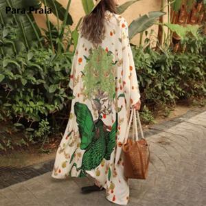 Para Praia 공작 기모노 비치 가운 수영복 커버 업 비치웨어 긴 소매 드레스 Sarong 여성 루즈 카디건 비키니 커버