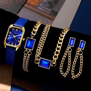 여성용 스퀘어 시계 브랜드 여성용 쿼츠 손목시계, 블루 클래식 심플 주얼리 세트, Montre femme