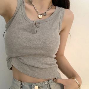 여성용 탱크 탑 리브 버튼 다운 민소매 블라우스 솔리드 컬러 캐주얼 여성 십대 트렌디 기본 여름 드레스