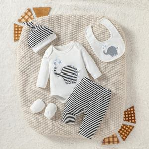 4Pcs 아기 소년 봄/가을 긴 소매 만화 코끼리 Boysuit + 스트라이프 바지 의상 Chlothing + 모자 + 턱받이 + 장갑