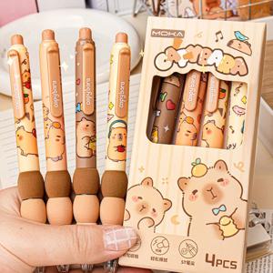 4Pcs 귀여운 만화 Capybara 개폐식 지울 수있는 젤 펜 그라디언트 그립 0.5mm ST 펜촉 파란색 잉크 리필 가능 쓰기 용품