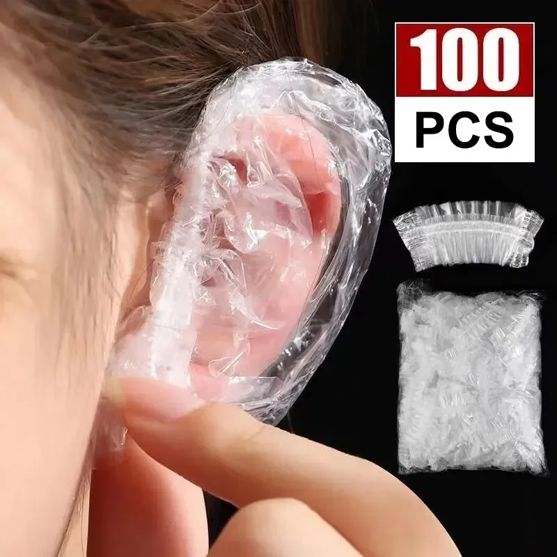 100PCS 일회용 머리 귀마개 염료 투명 탄성 샤워 머리 염색 보호 도구 방패 방수 이어 팩 플라스틱 랩
