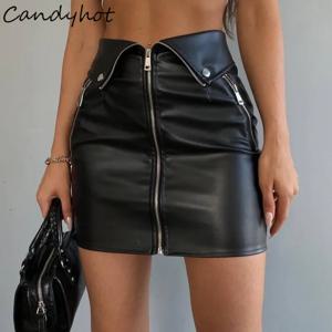 Candyhot 섹시한 Y2K PU 가죽 지퍼 캐주얼 스커트 세련된 멀티 지퍼 패션 슬림 힙 스커트 여름 클럽 파티 하이 웨이스트 미니 드레스