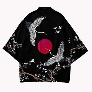 크레인 패턴 프린트 기모노 가디건, 전통 남성 여성 하라주쿠 유카타 탑, 일본 하오리 사무라이 코스프레 스트리트웨어 의류