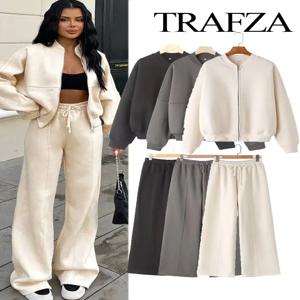 TRAFZA 여성 가을 ​​2 피스 레트로 솔리드 컬러 지퍼 폭격기 자켓 스웨트 + 하이 웨이스트 레이스 업 여성용 와이드 레그 팬츠 스트리트웨어