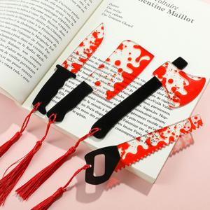 1Pcs 공포 칼 술과 투명 아크릴 북마크, 할로윈 테마 시리즈 헬기 톱 혈액, 책벌레를위한 할로윈