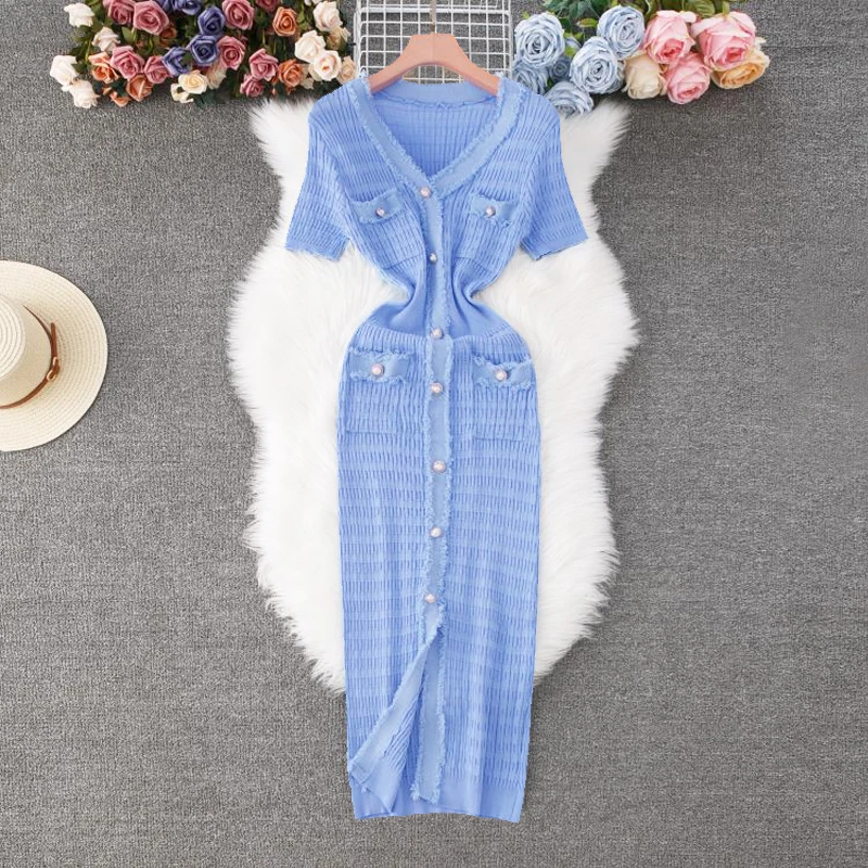 YuooMuoo 2025 새로운 도착한 여성 니트 롱 드레스 우아한 v 넥 싱글 브레스트 스플릿 스웨터 드레스 Office Lady Vestidos