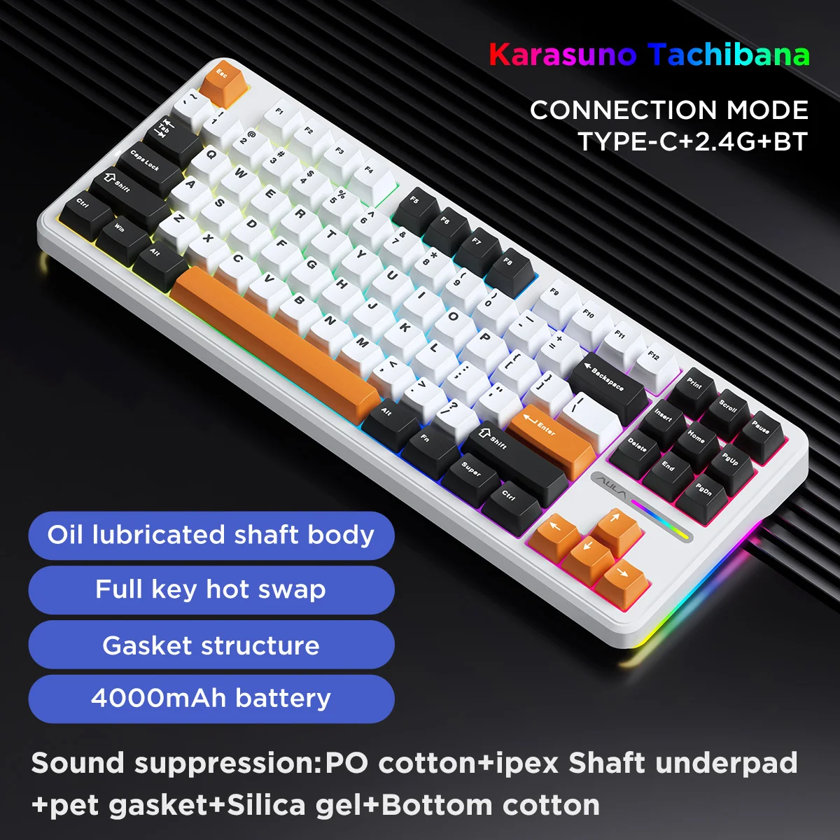 AULA F87Pro/F87 기계식 키보드, 트라이 모드 2.4G/유선/BT 무선 키보드, 87 키 RGB PBT 게임용 키보드