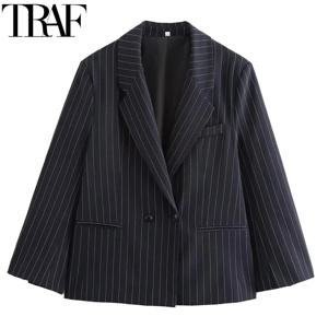 TRAF 여성용 스트라이프 블레이저, 오버사이즈 포멀 여성 미니멀리스트 블레이저 재킷, 가을 오피스 세트 재킷, 우아한 롱 블레이저