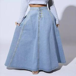 데님 스커트 여성 롱 스커트 라인 싱글 브레스트 하이 웨이스트 청바지 빈티지 맥시 심플 캐주얼 우아한 스플 라이스 Y2k streetwear