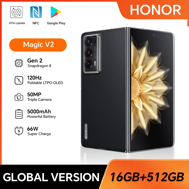 HONOR Magic V2 5G, 16GB+512GB, 7.92인치 접이식 화면, 듀얼 SIM, 50MP 트리플 카메라, 고속 충전, Android 스마트폰