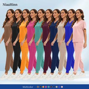 Niaahinn 간호사 외과 스크럽 정장 남성 여성 unisex 의사 의료 병원 유니폼 탑 조깅 바지 수의학 간호 유니폼