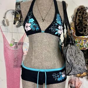빈티지 플라워 프린트 큐티 비키니 수영복, 섹시한 여성 수영복, 홀터 스트랩, 하이 스트리트 비치 여성, 2000 년대 패션, 2 세트