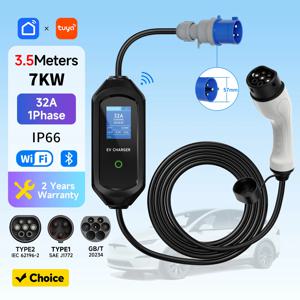 7KW 휴대용 EV 충전기 Type2/Type1/GBT 전기 자동차 충전기 32A 1상 Wallbox 고속 충전 케이블 WiFi APP Bluetooth 제어