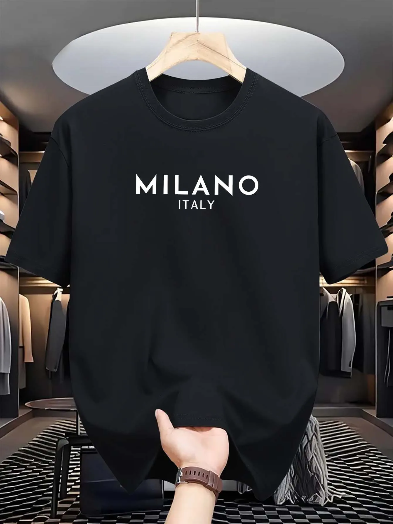 여름 남성 100% 순면 캐주얼 루즈하고 패셔너블한 MILANO ITALY 레터 프린트 라운드 넥 반팔 티셔츠 탑