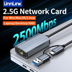 Unnlink 2.5G 이더넷 어댑터 2500Mbps USB 3.0 및 유형 C-Rj45 네트워크 카드(노트북 PC NAS 서버 Windows Mac OS 인터넷용)