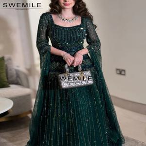 사우디 a 라인 구슬 댄스 파티 드레스 스퀘어 칼라 긴 소매 이브닝 드레스 웨딩 파티 드레스 vestidos de noche فساتين سهرة