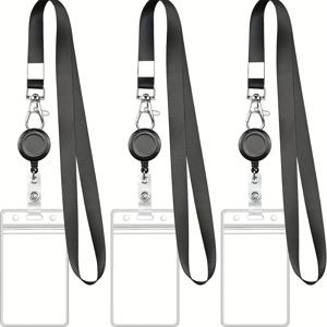 랍스터 걸쇠와 방수 PVC 카드 홀더, 내구성이 뛰어난 끈, 직장 ID 및 이름표가 포함된 검정색 접이식 배지 릴 세트