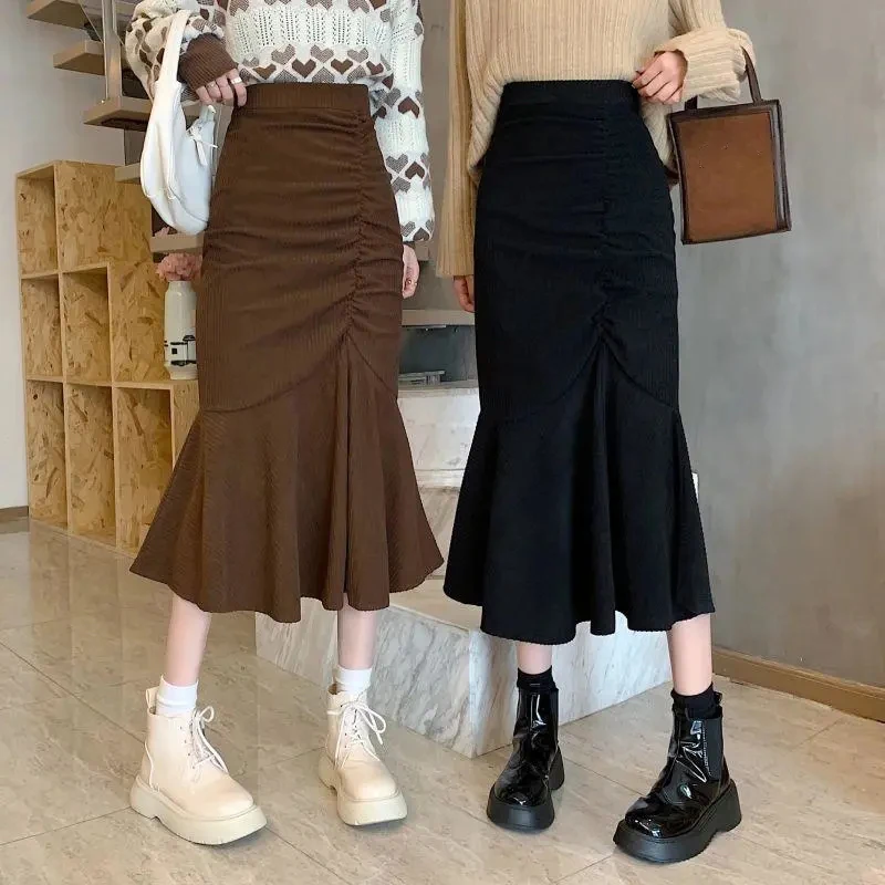 Lucyever 여성을위한 패션 하이 웨스트 미디 스커트 2025 봄 슬림 피트 힙합 인어 스커트 여성 한국어 프릴 브라운 스커트 2XL