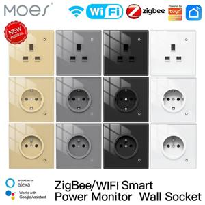 Moes ZigBee 벽 소켓 와이파이 스마트 유리 패널 콘센트 전원 모니터, 투야 무선 제어 타이머, 알렉사 구글 홈 음성, 영국 EU FR