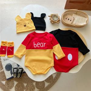 봄 신생아 아기 Rompers 양말 모자 3pcs 세트 만화 미키 마우스 푸우 소년 소녀 점프 슈트 유아 의상 긴 소매 바디 슈트