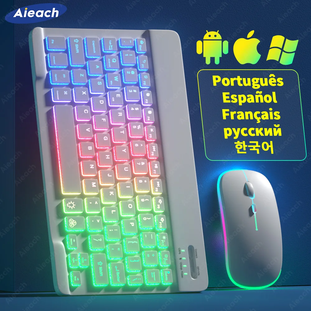 태블릿용 키보드 Android iOS Windows 무선 마우스 키보드 iPad 전화용 Bluetooth 호환 레인보우 백라이트 키보드