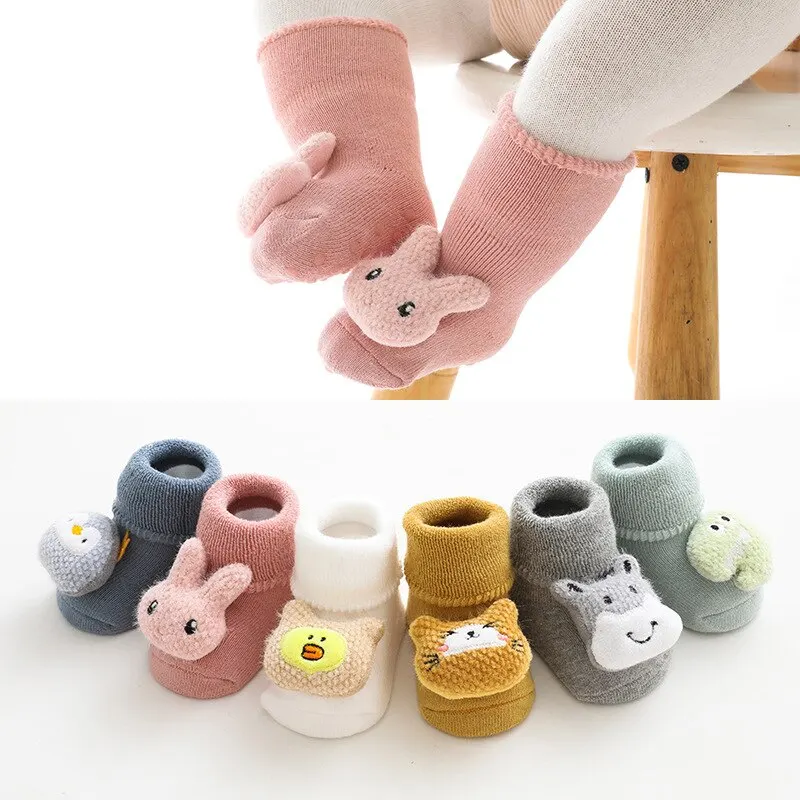 소녀 소년을위한 만화 아기 양말 토끼 곰 안티 슬립 부드러운 따뜻한 겨울 가을 유아 실내 바닥 양말