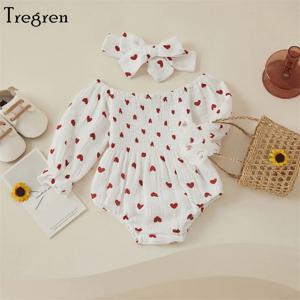 Tregren 유아 아기 소녀 발렌타인 데이 Romper 하트 프린트 긴 소매 보트 넥 점프 슈트 머리띠가있는 봄 가을 바디 슈트