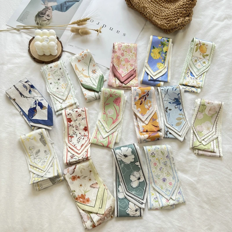 패션 Floret 인쇄 Hairband 실크 새틴 가방 스카프 여성을위한 스키니 긴 손목 리본 목 스카프 여성을위한 헤어 스카프