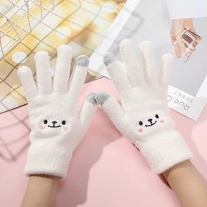 Kawaii 장갑 여성 귀여운 만화 수 놓은 스마일 베어 터치 스크린 가을 겨울 따뜻한 여성 양모 니트 장갑 부드러운 면화