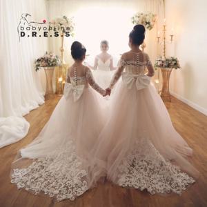 BABYONLINE 긴 소매 화이트 아이보리 플라워 걸 드레스, 웨딩 하객, 어린이 신부 들러리 레이스 꽃 얇은 명주 그물 스커트, 볼 가운