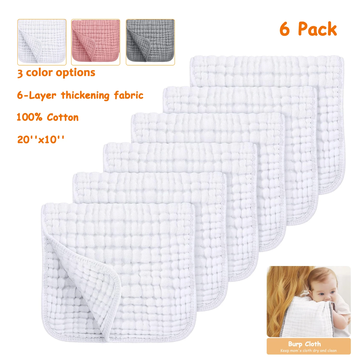6pcs 아기 트림 천 대형 20''x10'' 매우 부드럽고 흡수성 모슬린 트림 천 아기를 위한 100% 면 수건