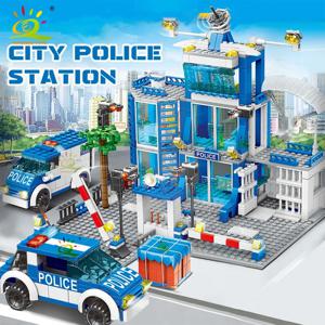 HUIQIBAO 753PCS 도시 경찰서 빌딩 블록 세트 소년 DIY 자동차 피규어 벽돌 교육 완구 어린이 성인 선물