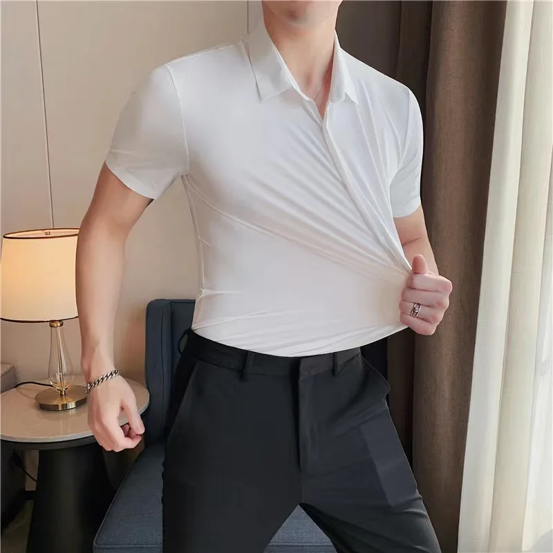 남성용 울트라 스트레치 반소매 셔츠 비즈니스 캐주얼 통기성 신축성 내마모성 솔리드 컬러 반소매 셔츠