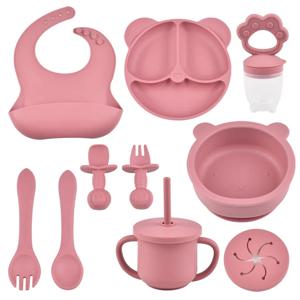 9 개/대 BPA 무료 실리콘 아기 먹이 세트 빨판 그릇 분할 식사 접시 밀짚 컵 숟가락 포크 조정 가능한 턱받이 어린이 접시