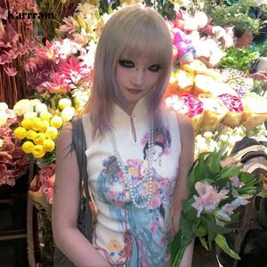 Karrram 일본 Y2k 리브 탱크 탑 Fairycore 프린트 민소매 탑 빈티지 하라주쿠 슬림 탱크 탑 2000년대 미학 의류 90년대