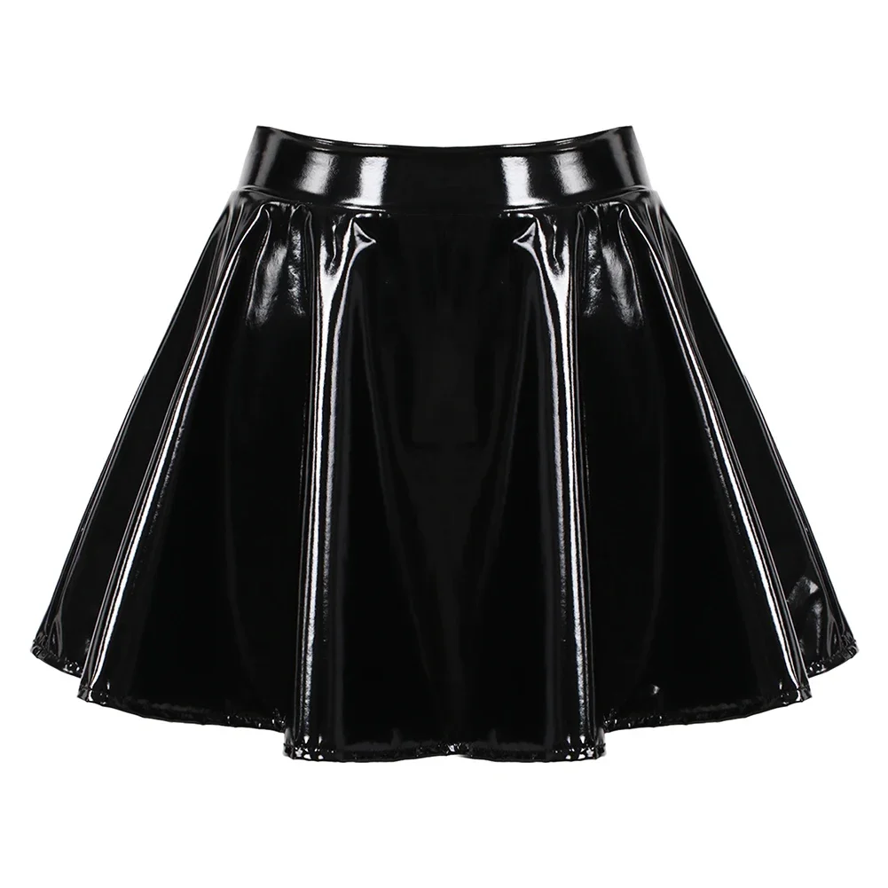 여성용 A 라인 스커트 글로시 페이턴트 가죽 플레어 미니 스커트 댄스 퍼포먼스 스커트 Clubwear Cosplay Retro Style