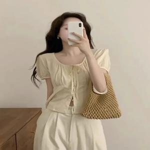 슬림핏 셔츠 한국 스타일 루즈핏 반소매 슬림핏 여름 슬림핏 여름 부드러운 우아한 라운드넥 버튼상자 플리츠 다용도 셔츠 상의 셔츠