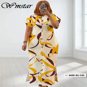 Wmstar 여성용 플러스 사이즈 드레스, 프린트 반팔, 패션 파티, 바디콘 스트레치 단추, 맥시 원피스, 도매 직송